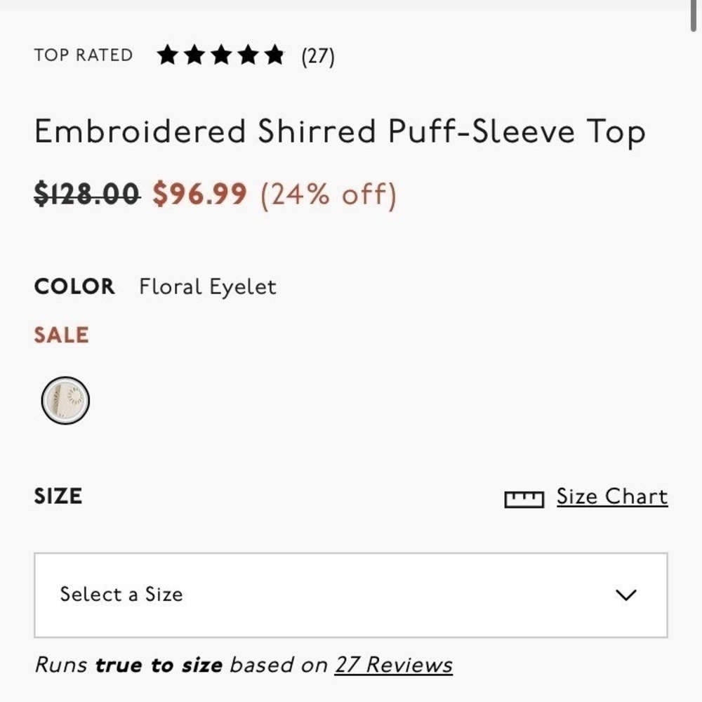 Madewell Top Womens Small Embroidered Shirred Puff Sleeve Eyelet Cream NV195 - Picture 4 of 9